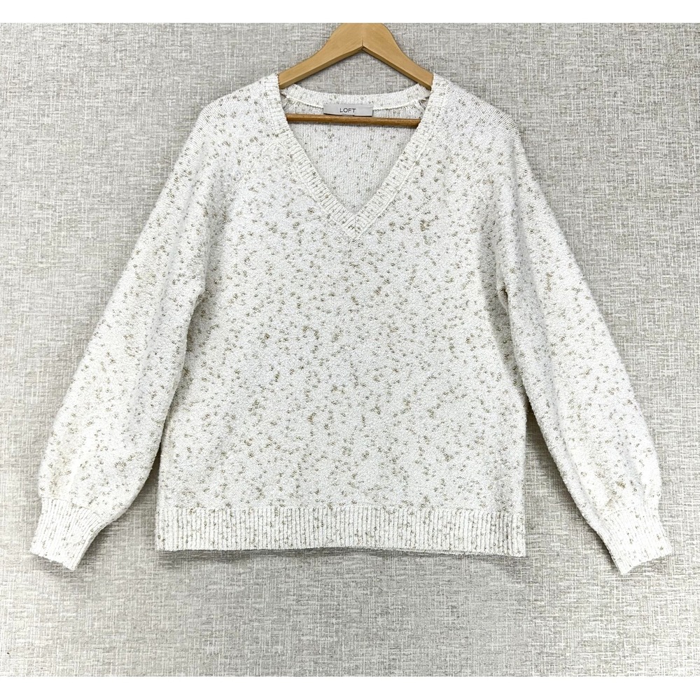 LOFT Sweater Women Large Off White V Neck Glitter Knit Long Sleeve Cozy Pullover